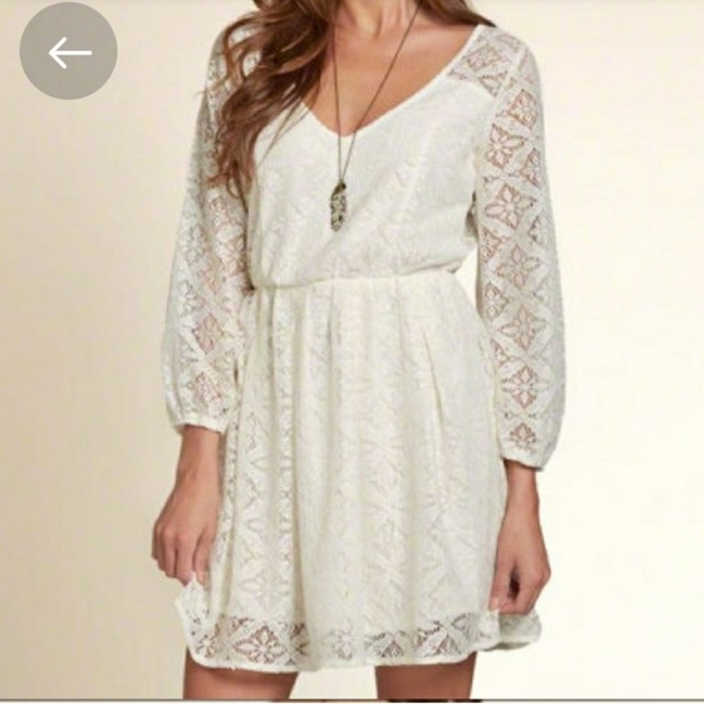 Hollister Juniors Dress White Lace Keyhole Long Sleeve Mini Dress